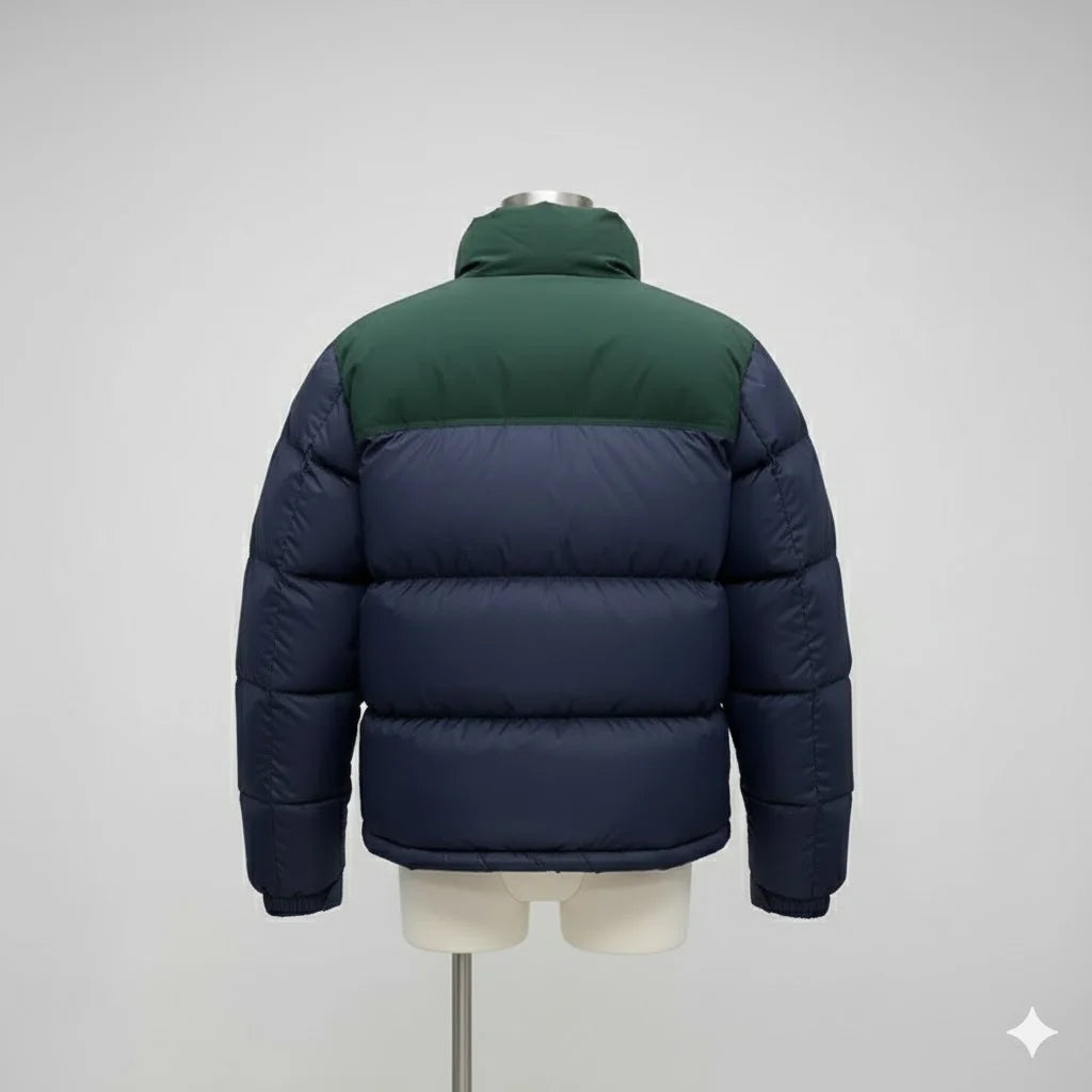 Retro Nuptse down jacket in a green and navy blue colorway