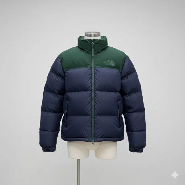 Retro Nuptse down jacket in a green and navy blue colorway