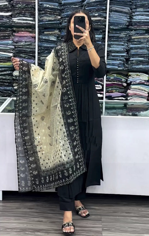 Black Colour  Nack Kurta, Trouser/Pant & Dupatta Set