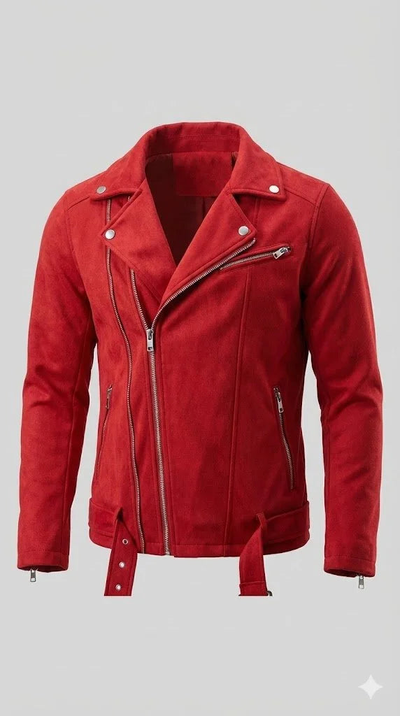 Red Suede & Faux-Suede Biker Jacket
