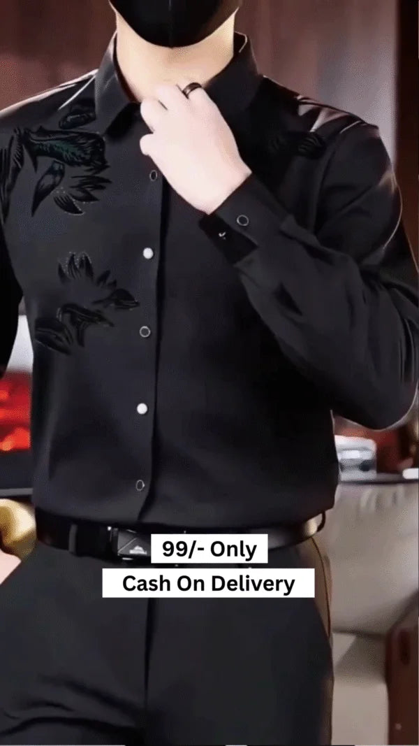 Silk Satin Shirt Floral Slim Fit Long Sleeve Dress Shirt Casual