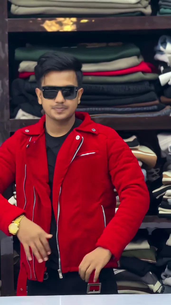 Red Suede & Faux-Suede Biker Jacket