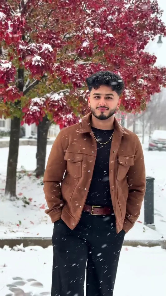 Man tan faux leather suede jacket.