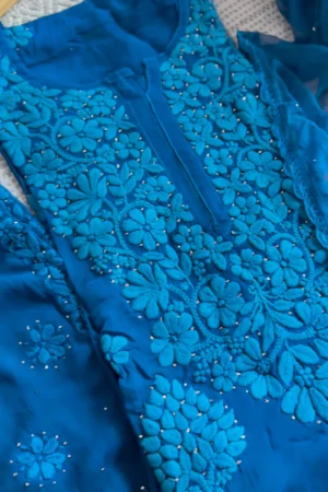 royal blue hand embroidered chikankari kurta set