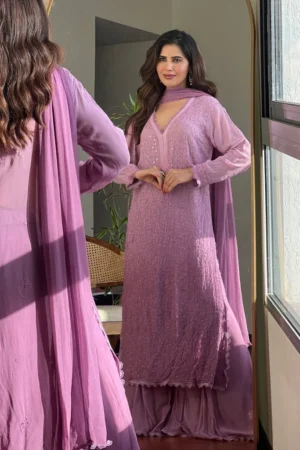 purple viscose georgette silk chikankari kurta
