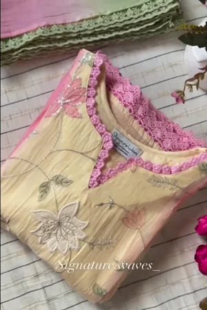yellow and pink floral embroidered kurta set