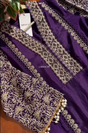 dark purple chinon heavy embroidered & pearl work