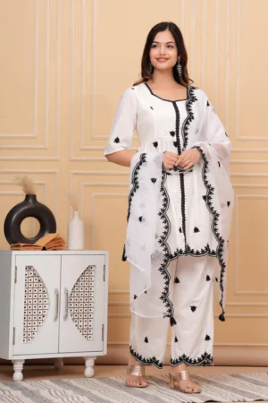 white & black embroidered cotton suit set