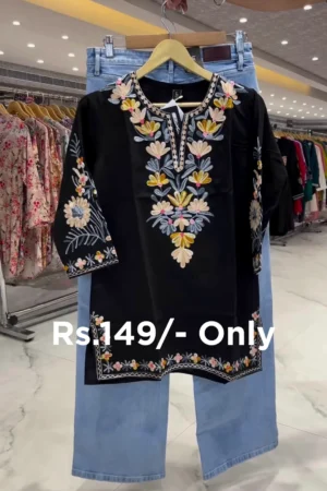 elegant black embroidered kurti with denim full combo