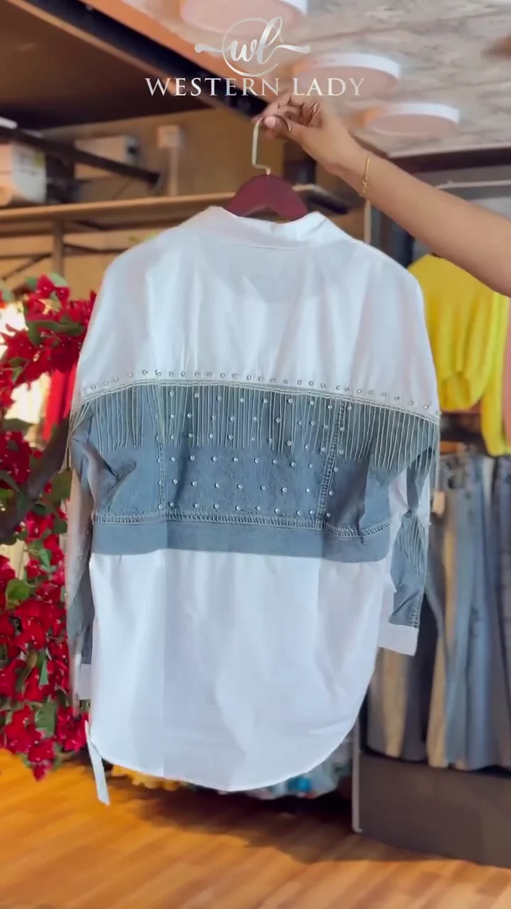 studded fringe shirt in metallic white